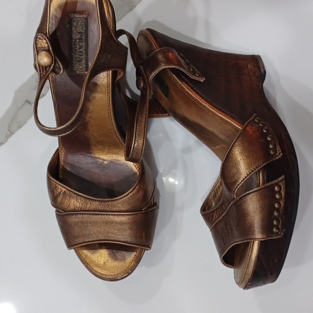 Prada Gold/Bronze Metallic Wooden Wedge Heels EU 37 - Picture 7 of 13
